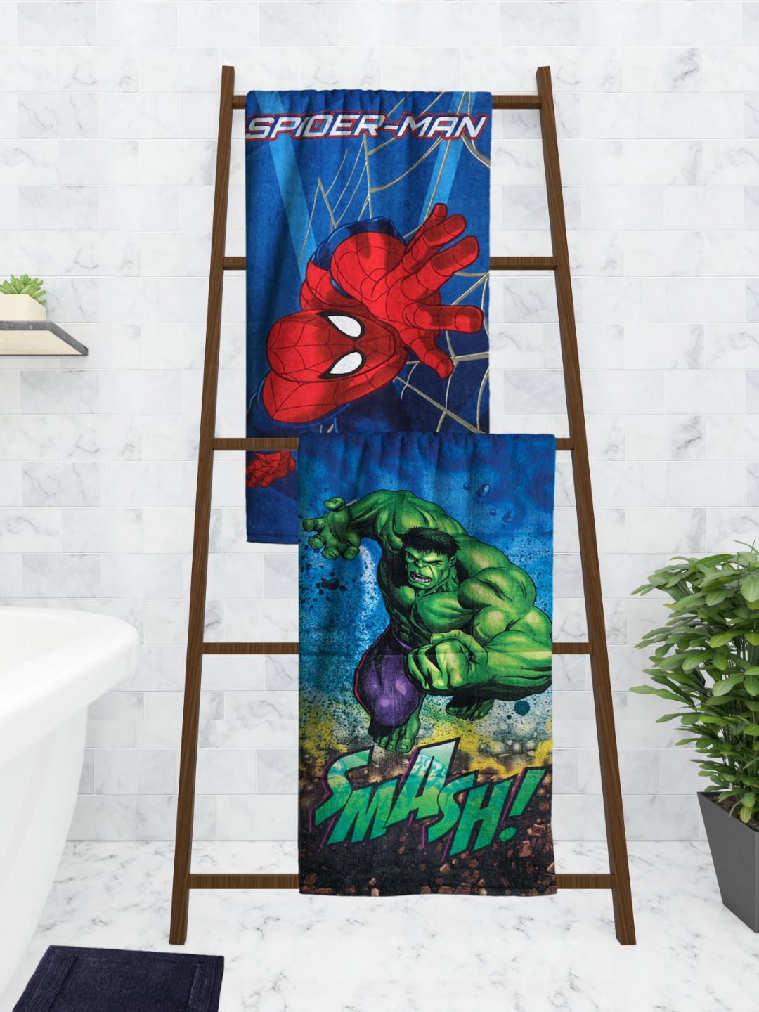 Two-pack Athom Living Marvel The Hulk & Spiderman Kids Bath Towel 60x120 cm crafted from absorbent cotton, ideal for kids after a shower or swim, offering softness and durability for every bath towel need.