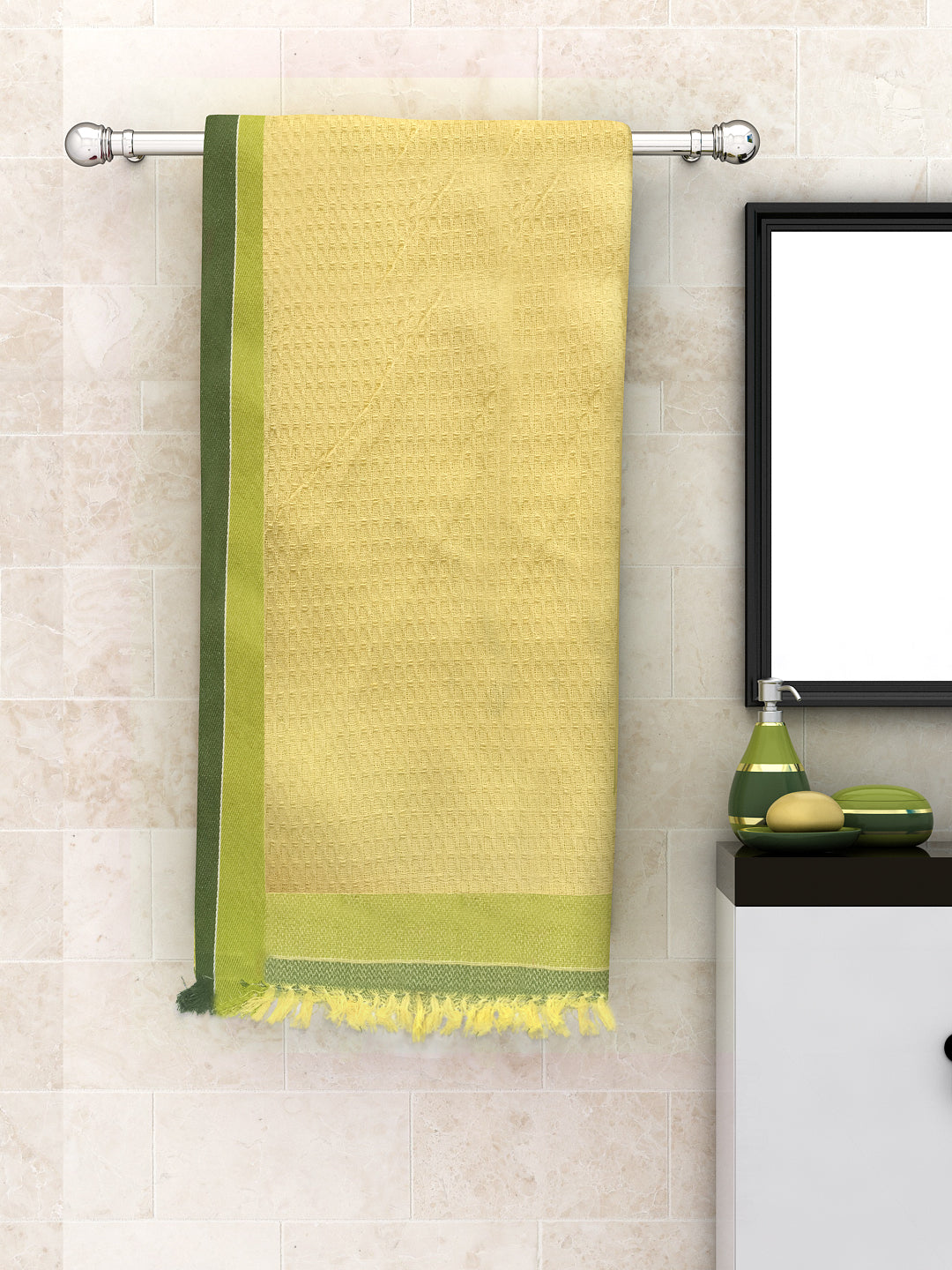 Waffle border yellow cotton bath towel lightweight 