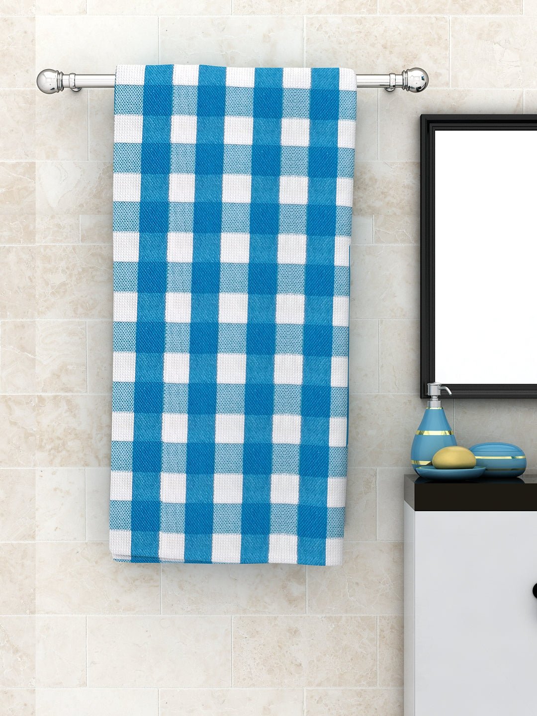 Athom Living Big Checks Blue Light Weight Woven Cotton Bath Towel - Large - Athom Living