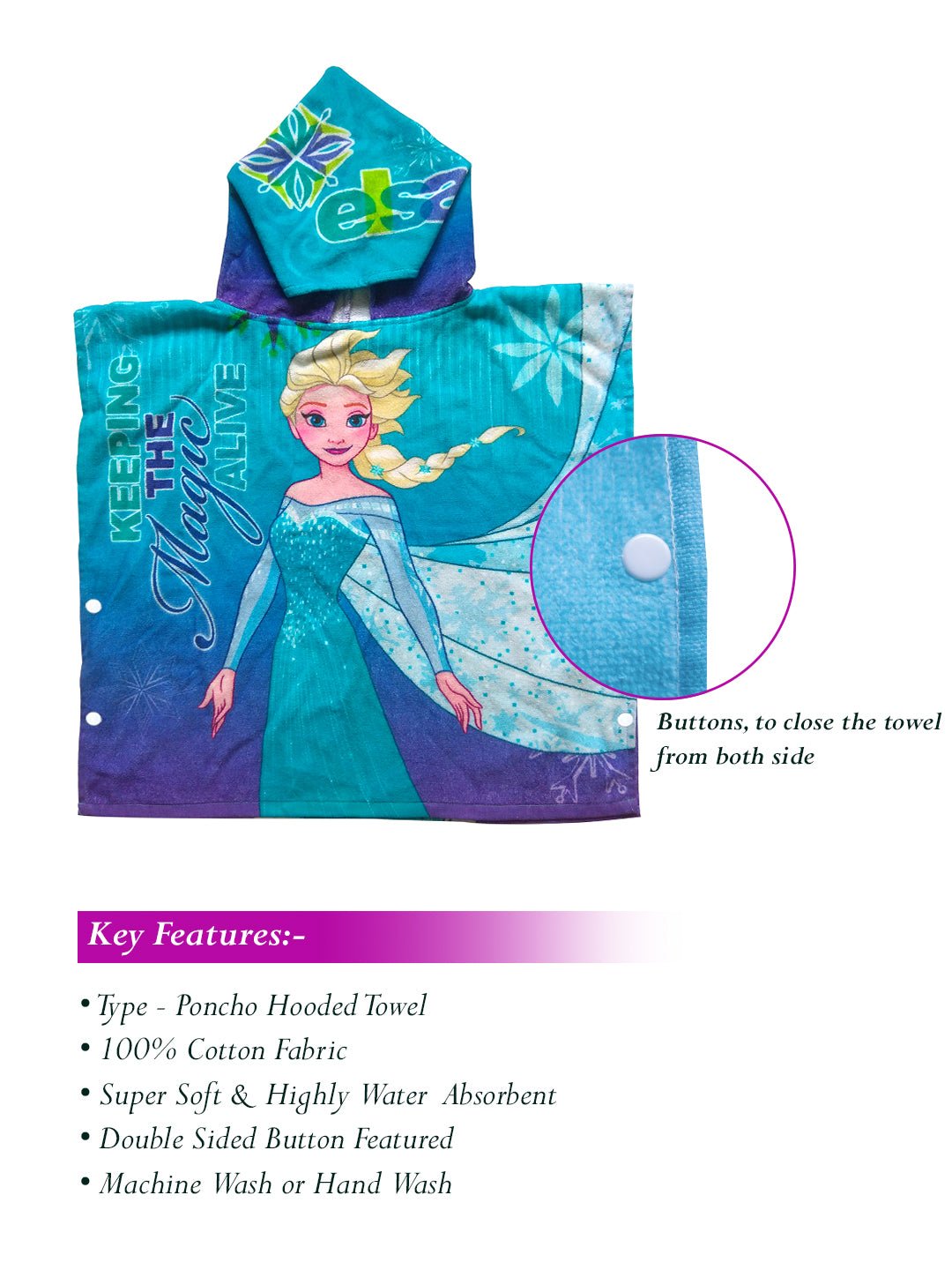 Athom Living Disney Frozen Elsa Kids Hooded & Bath Towel Combo 60x120 cm - Athom Living