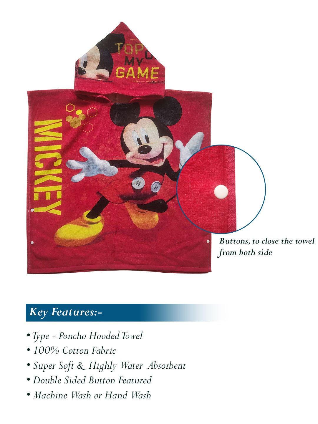 Athom Living Disney Mickey Mouse Kids Bath & Hooded Towel Combo 60x120 cm - Athom Living