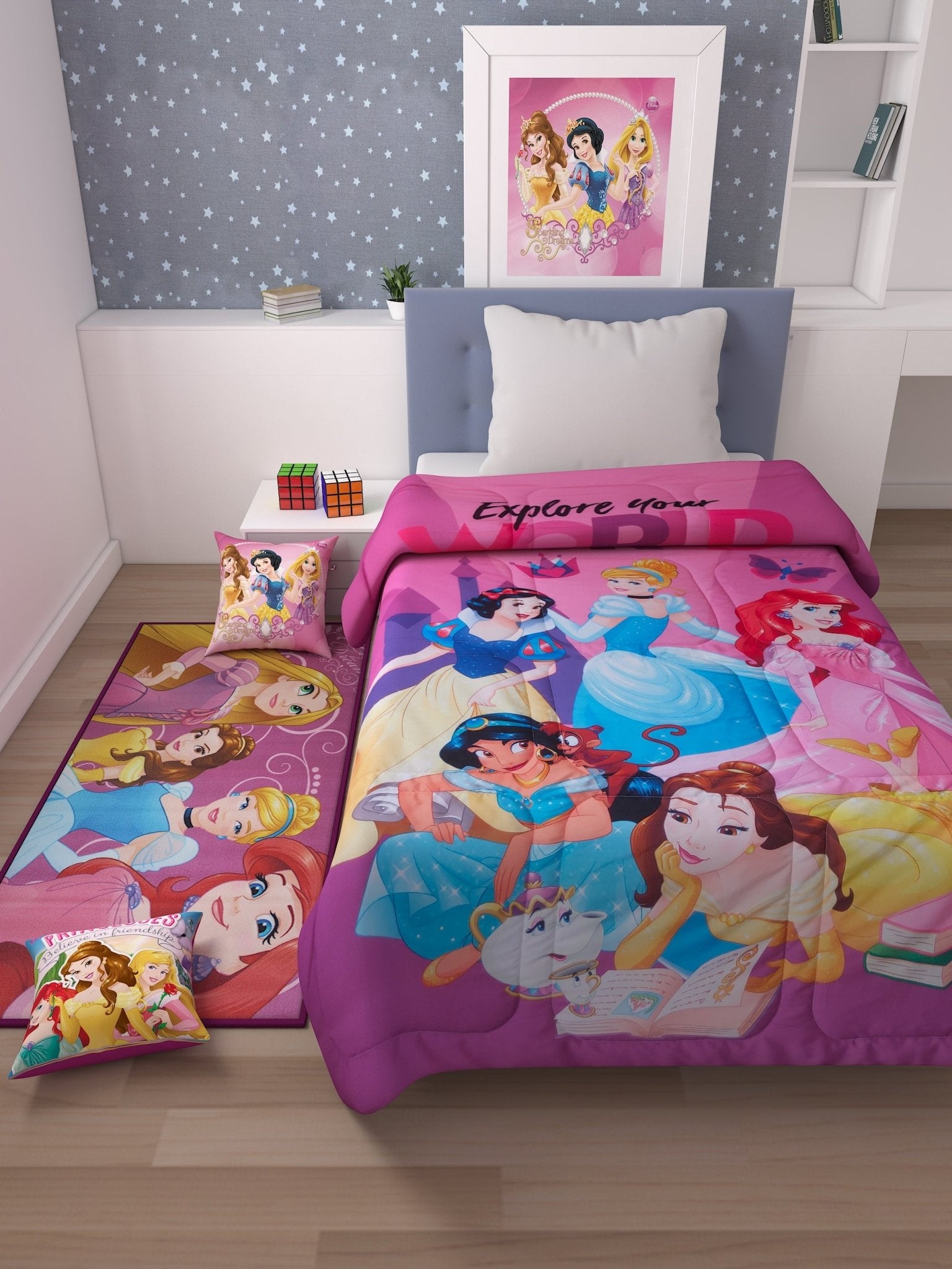 Athom Living Disney Princess Kids Room Set 1 Single Comforter + 1 Runner Carpet + 2 Cushion Covers - Athom Living