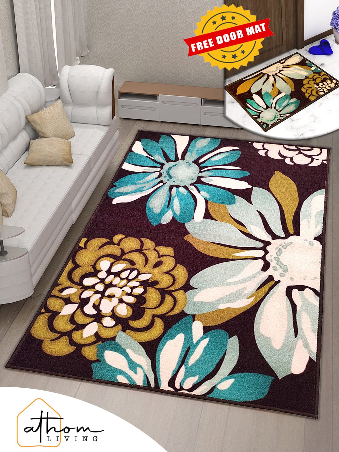 Athom Living Drop Blue Premium Anti Slip Printed Carpet - Athom Living