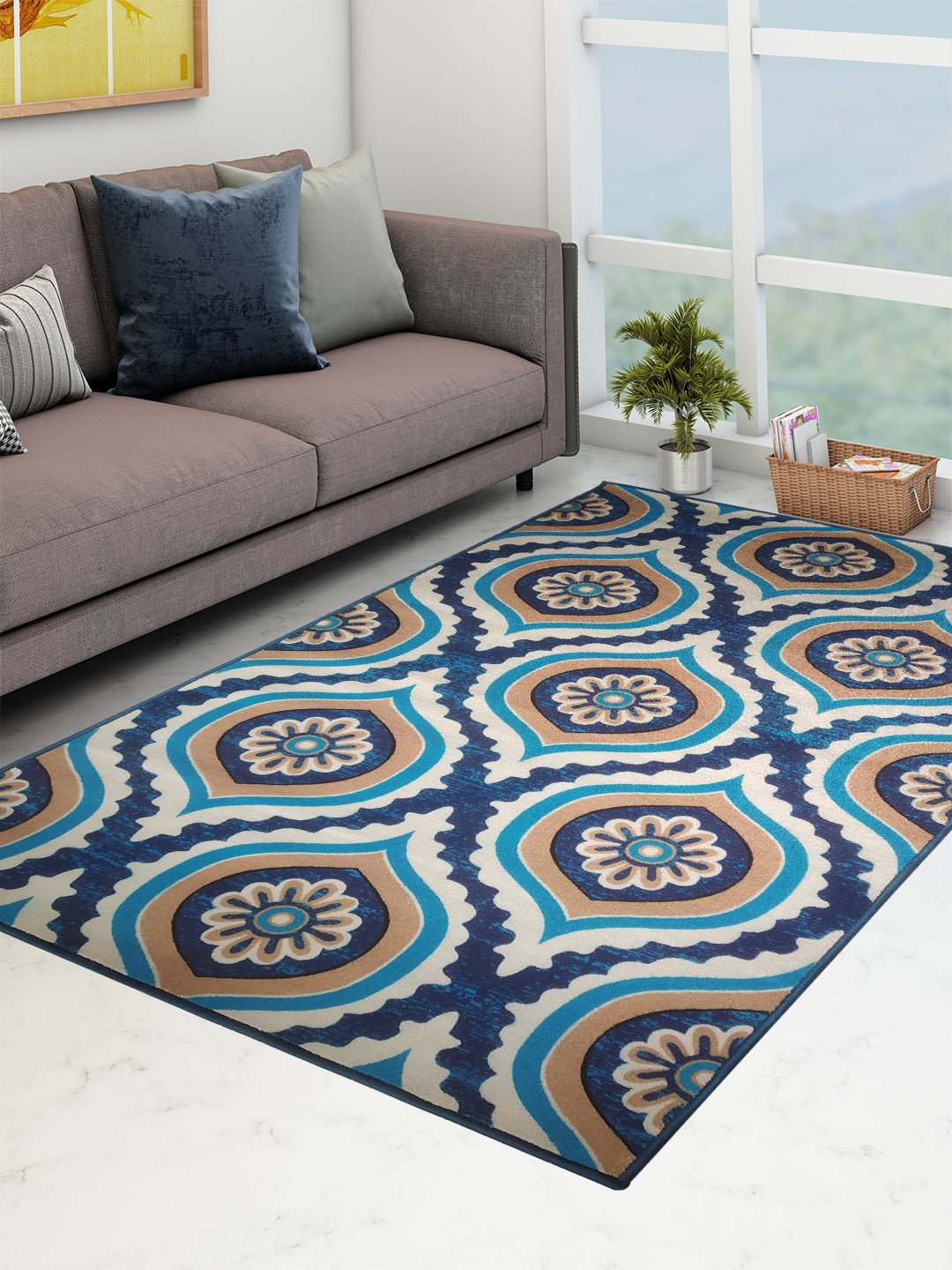 Athom Living Ikat Blue Premium Anti Slip Printed Carpet - Athom Living