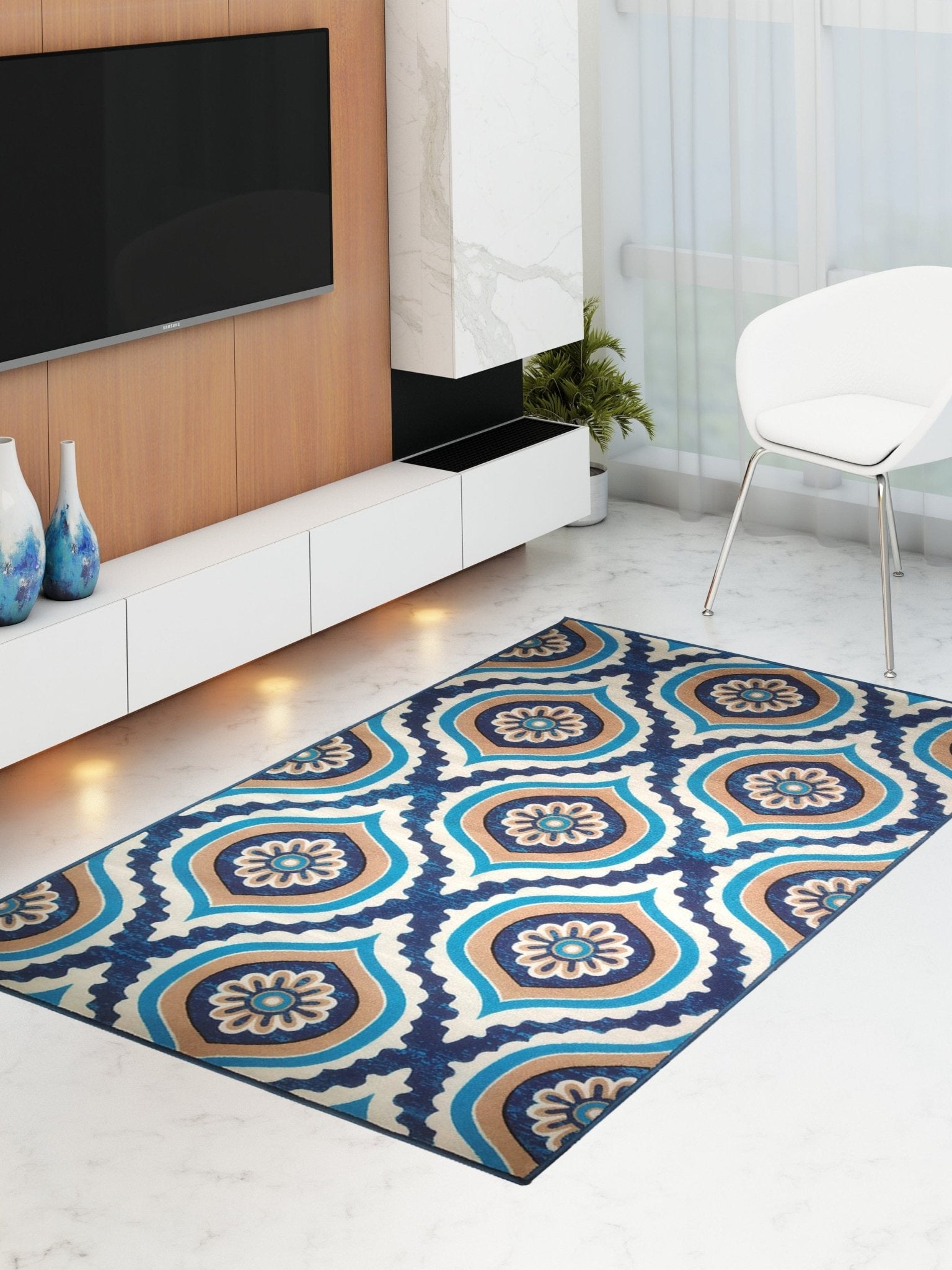 Athom Living Ikat Blue Premium Anti Slip Printed Carpet - Athom Living