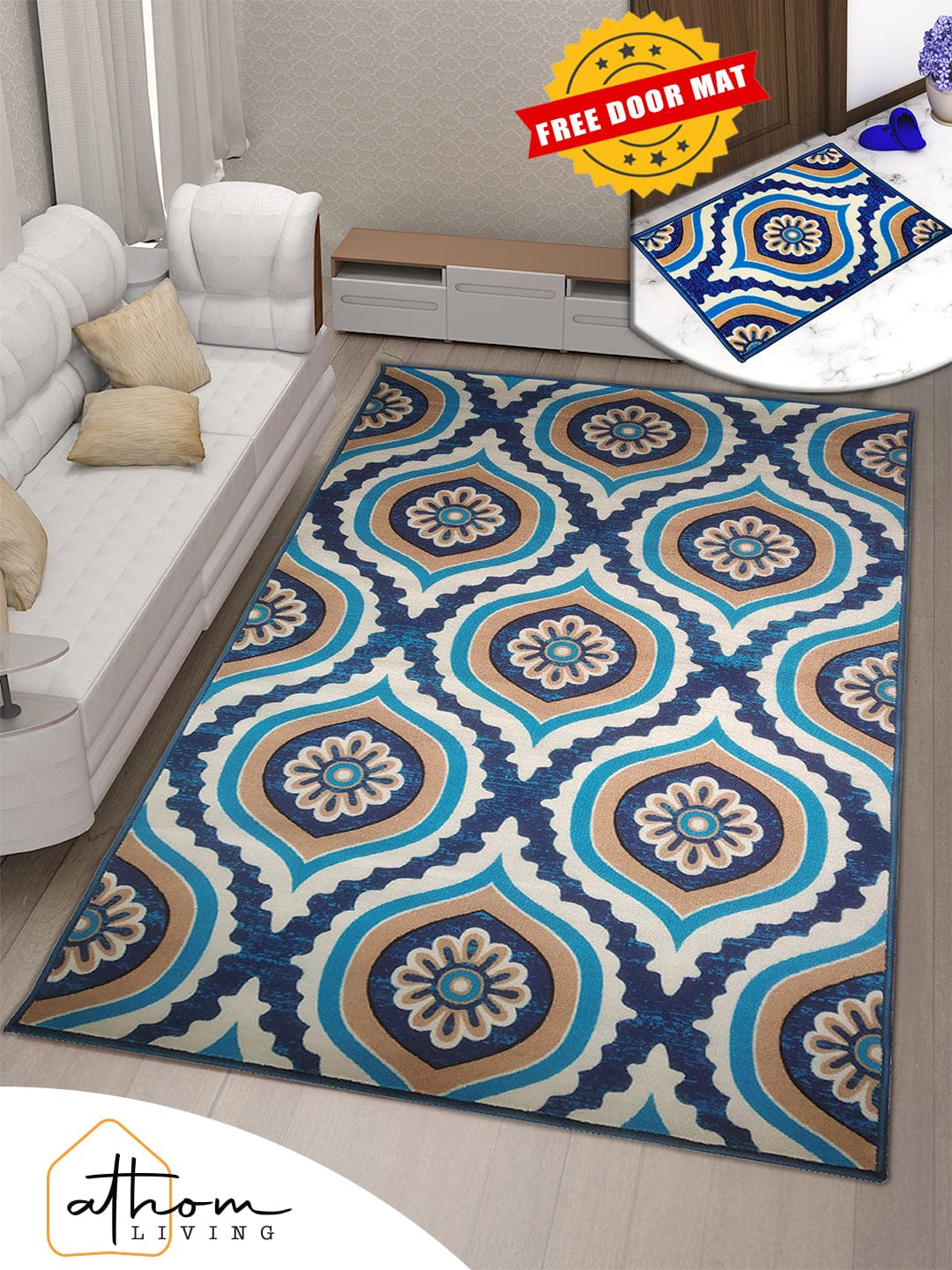 Athom Living Ikat Blue Premium Anti Slip Printed Carpet - Athom Living