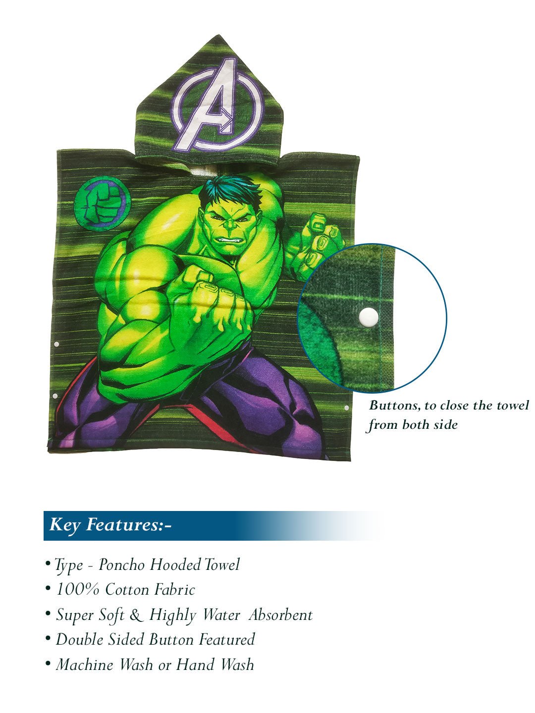 Athom Living Marvel Hulk Kids Hooded & Bath Towel Combo 60x120 cm - Athom Living