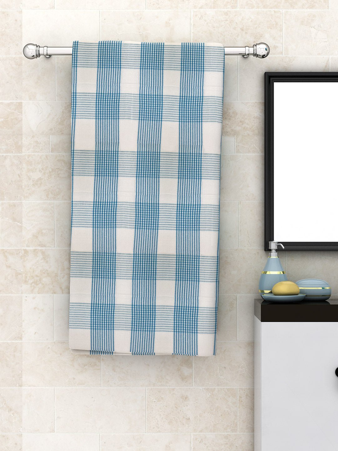 Athom Living Pin Stripes Blue Light Weight Woven Cotton Bath Towel - Large - Athom Living