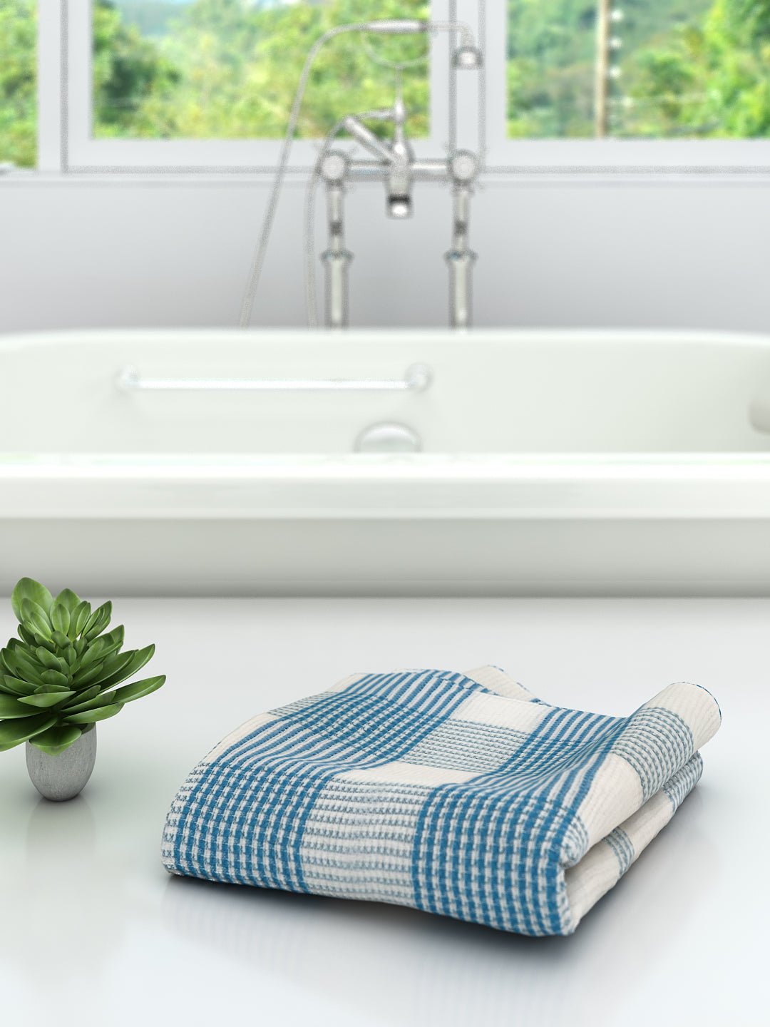 Athom Living Pin Stripes Blue Light Weight Woven Cotton Bath Towel - Large - Athom Living