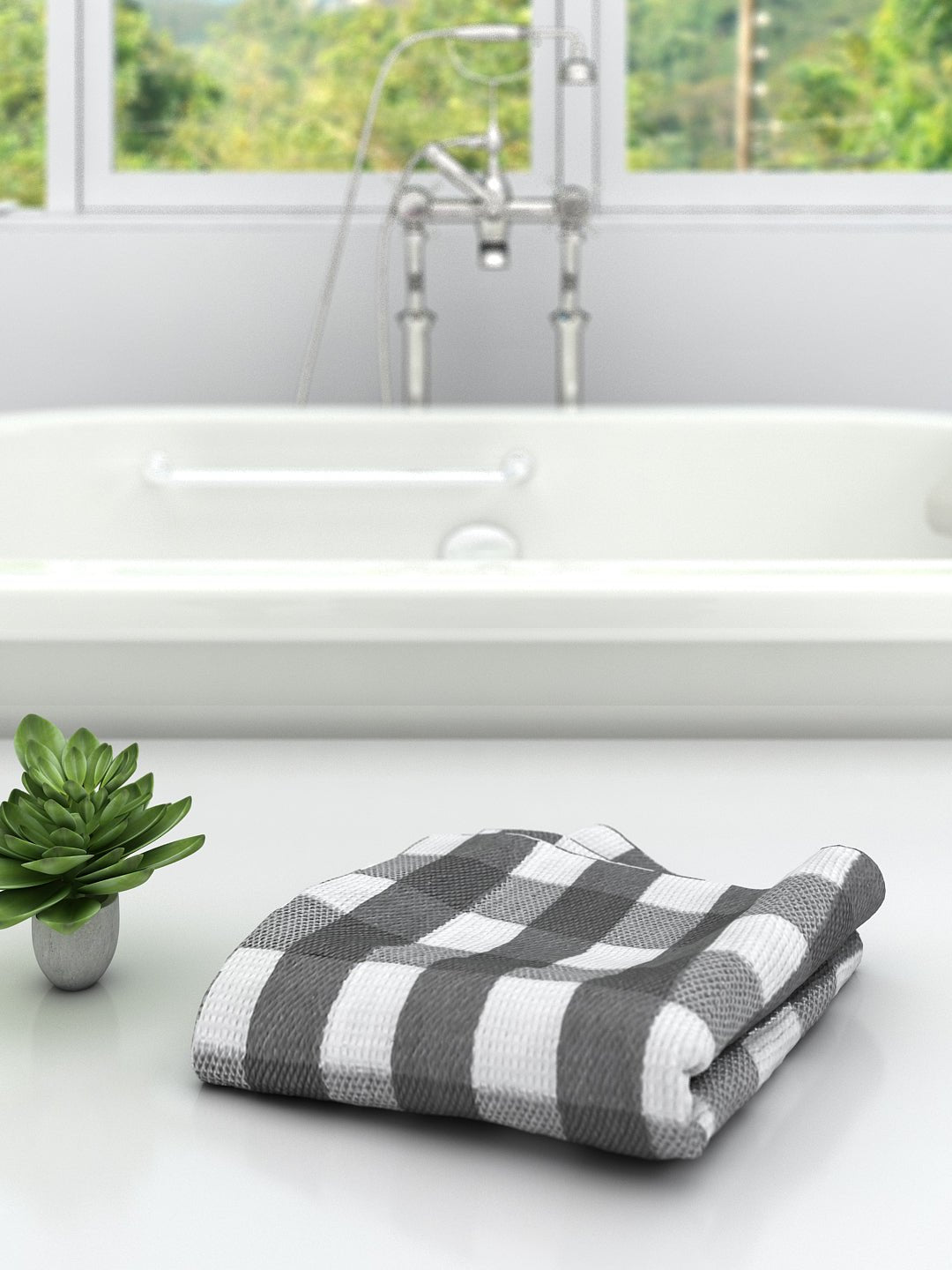 Big Checks Grey Light Weight Woven Cotton Bath Towel by Athom Living - Athom Living