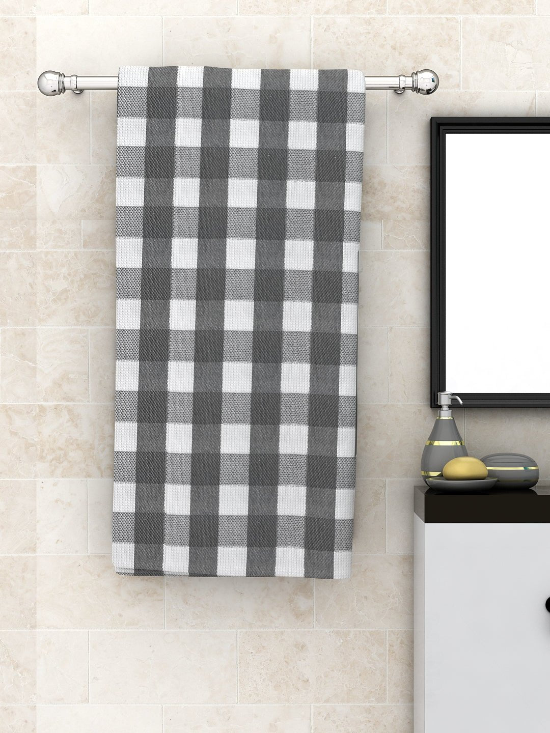 Big Checks Grey Light Weight Woven Cotton Bath Towel by Athom Living - Athom Living