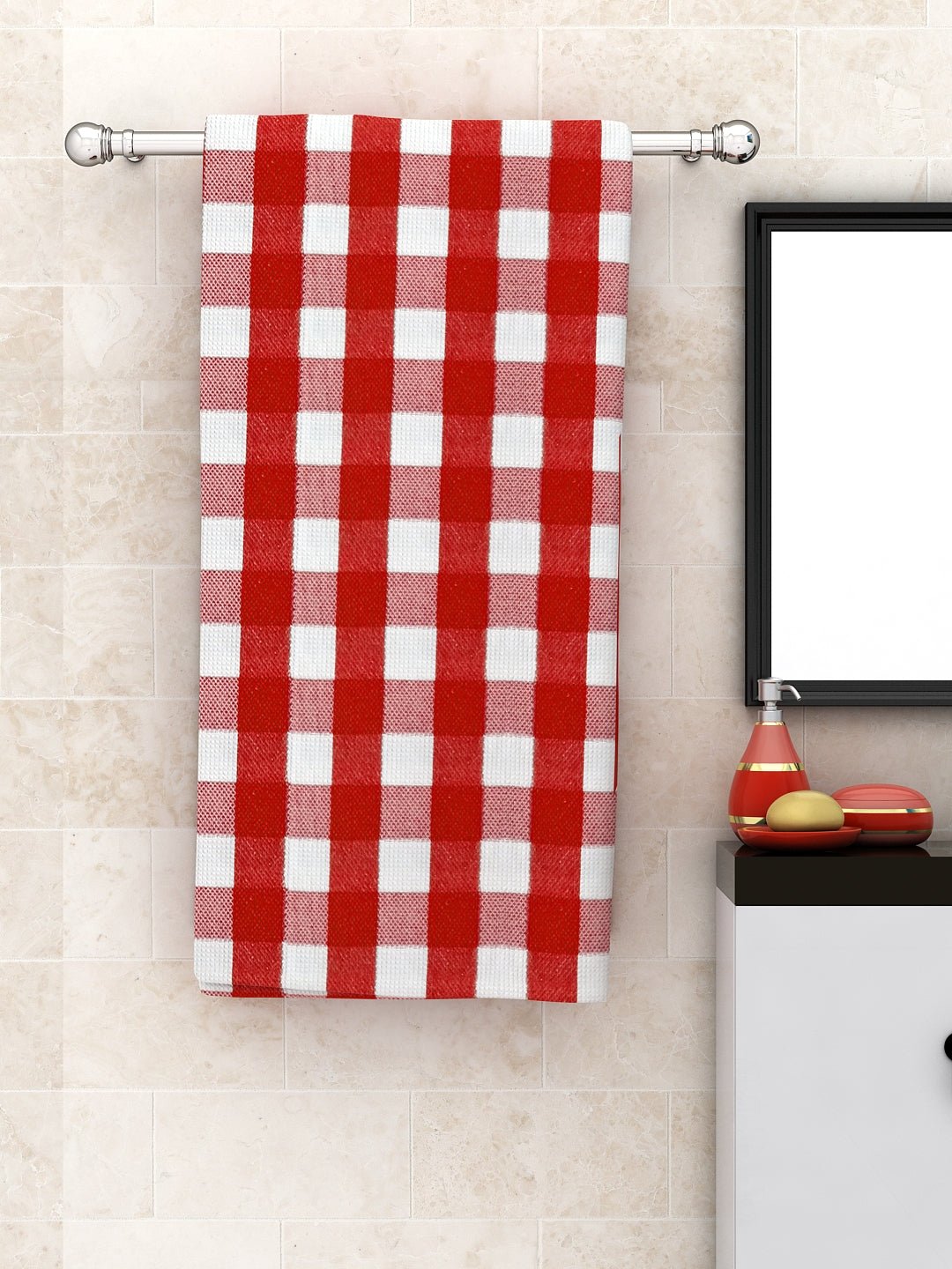 Big Checks Red Light Weight Woven Cotton Bath Towel by Athom Living - Athom Living
