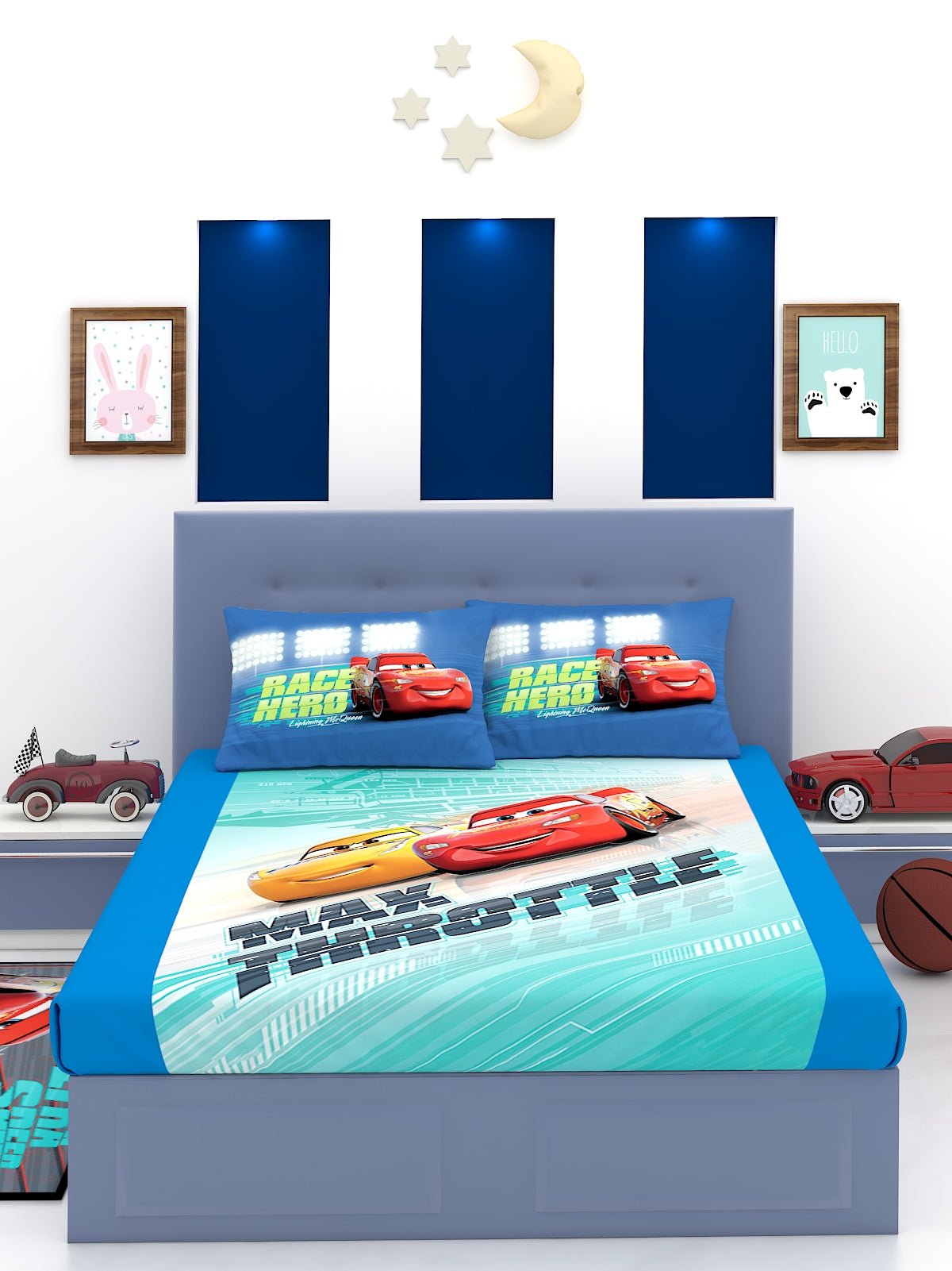 Disney Max Thorttle Cars Cotton Double Bedsheet with 2 Pillow Covers by Athom Living - Athom Living