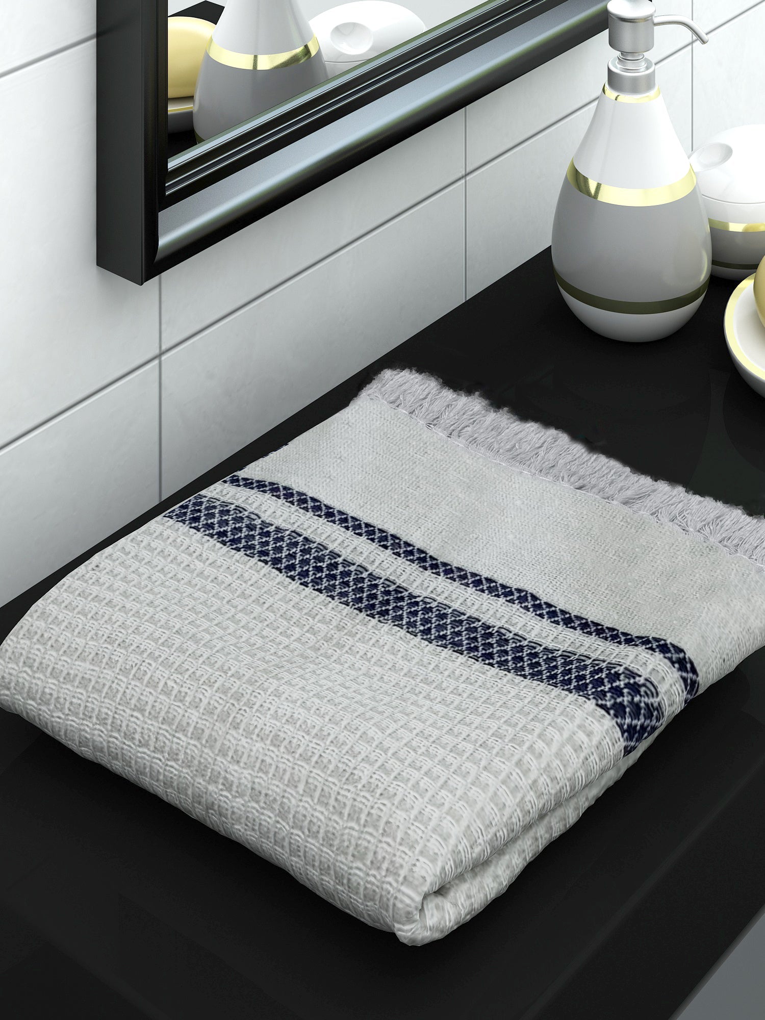 Premium Pearl White with Blue Cotton Bath Towel by Athom Living - Athom Living