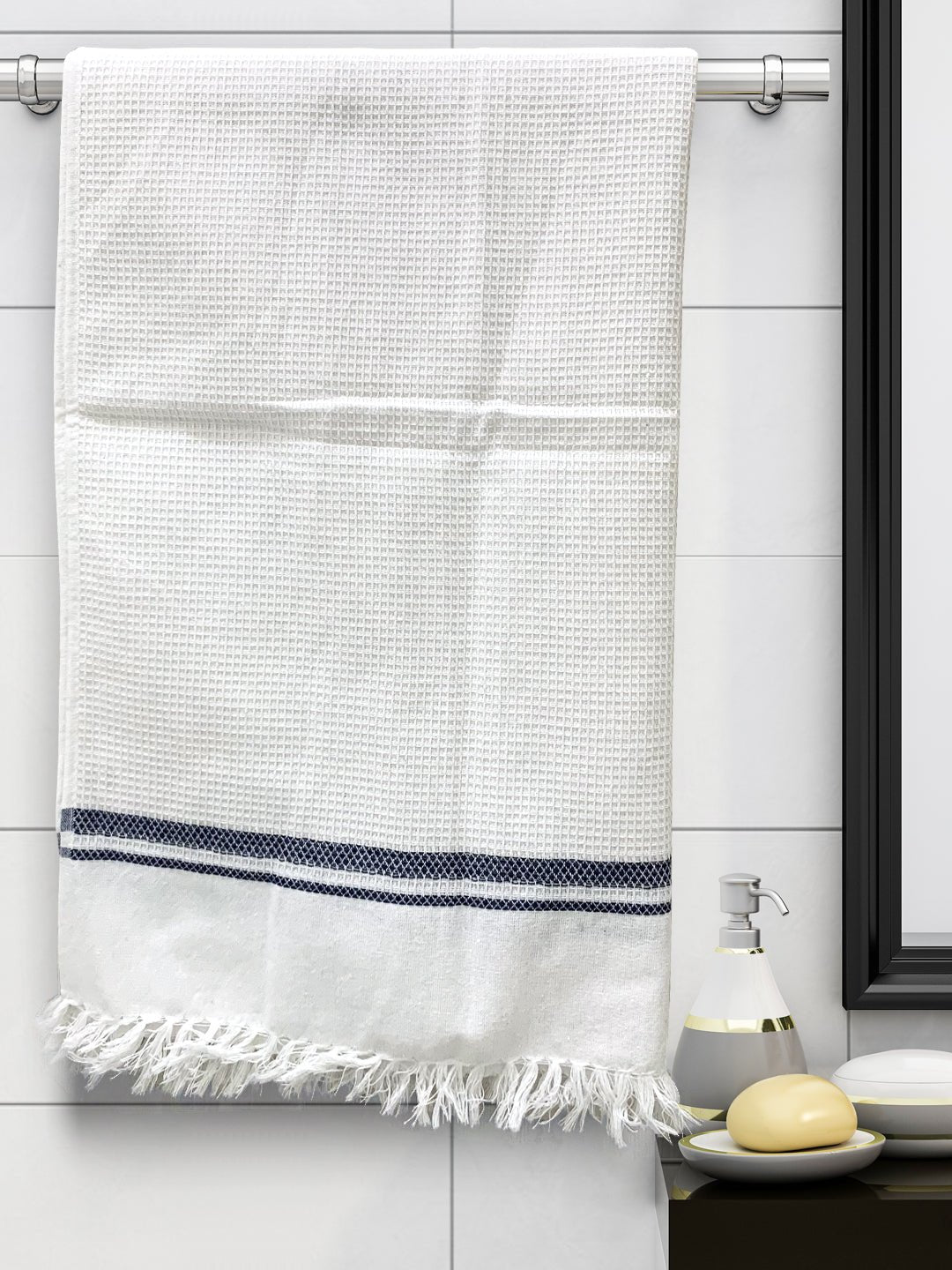 Premium Pearl White with Blue Cotton Bath Towel by Athom Living - Athom Living