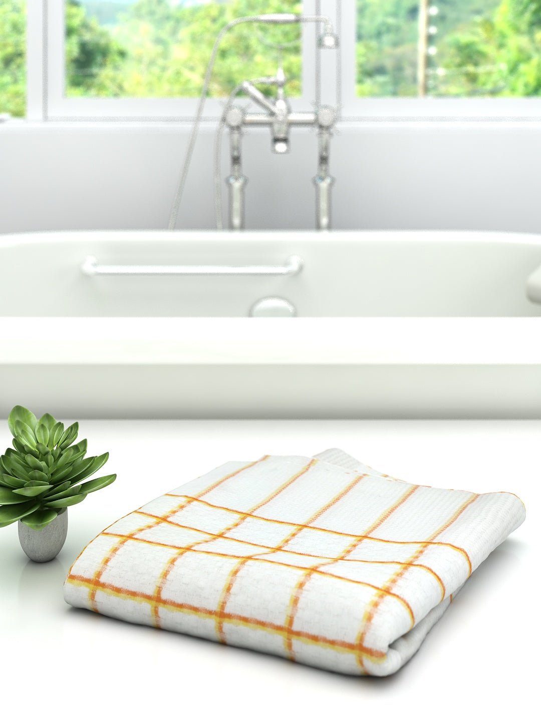 Premium White with Orange Checks Cotton Bath Towel by Athom Living - Athom Living