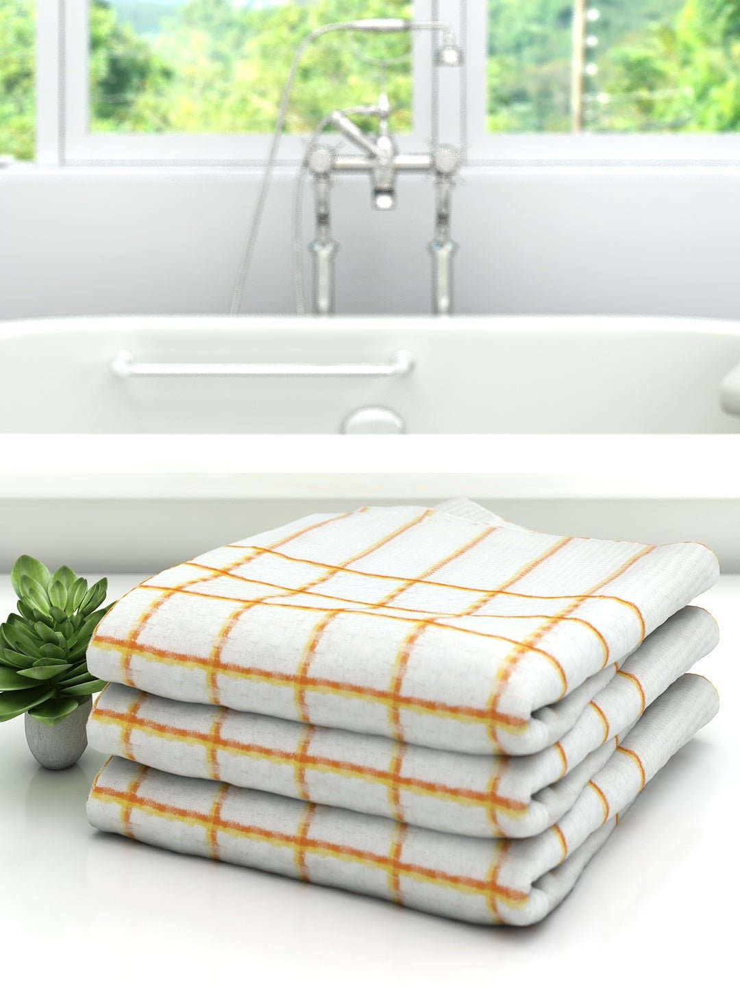 Premium White with Orange Checks Cotton Bath Towel by Athom Living - Athom Living