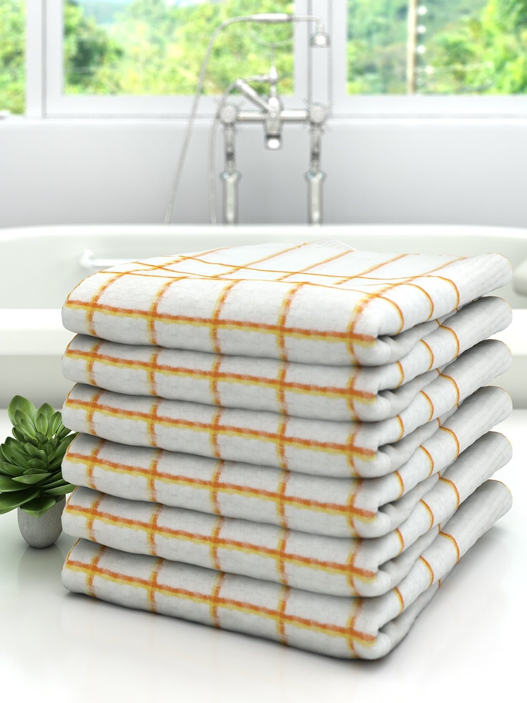 Premium White with Orange Checks Cotton Bath Towel by Athom Living - Athom Living