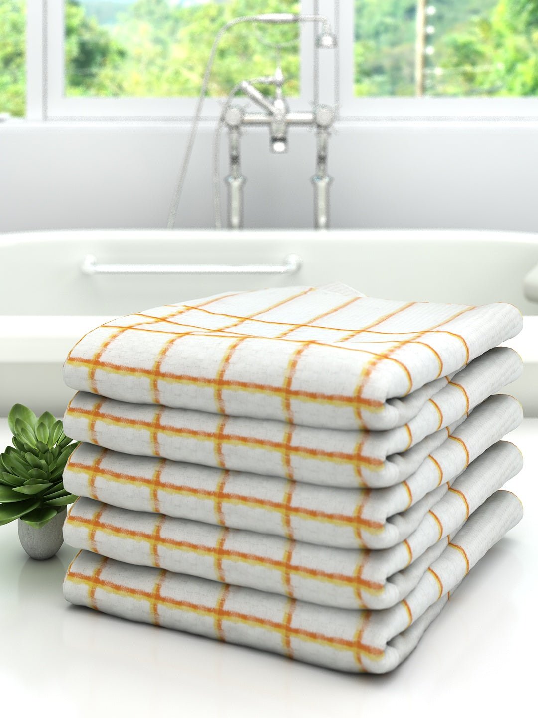 Premium White with Orange Checks Cotton Bath Towel by Athom Living - Athom Living
