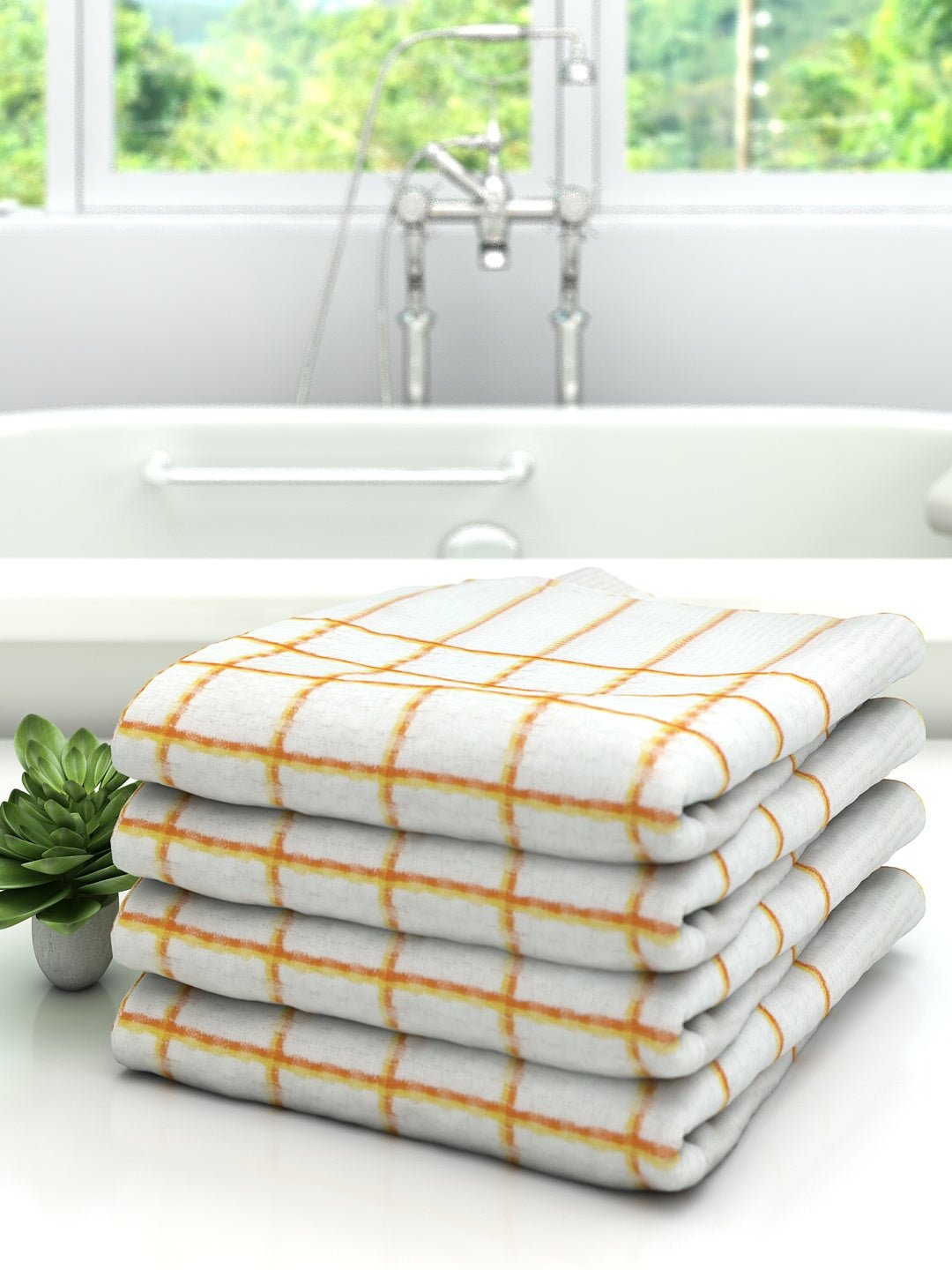 Premium White with Orange Checks Cotton Bath Towel by Athom Living - Athom Living