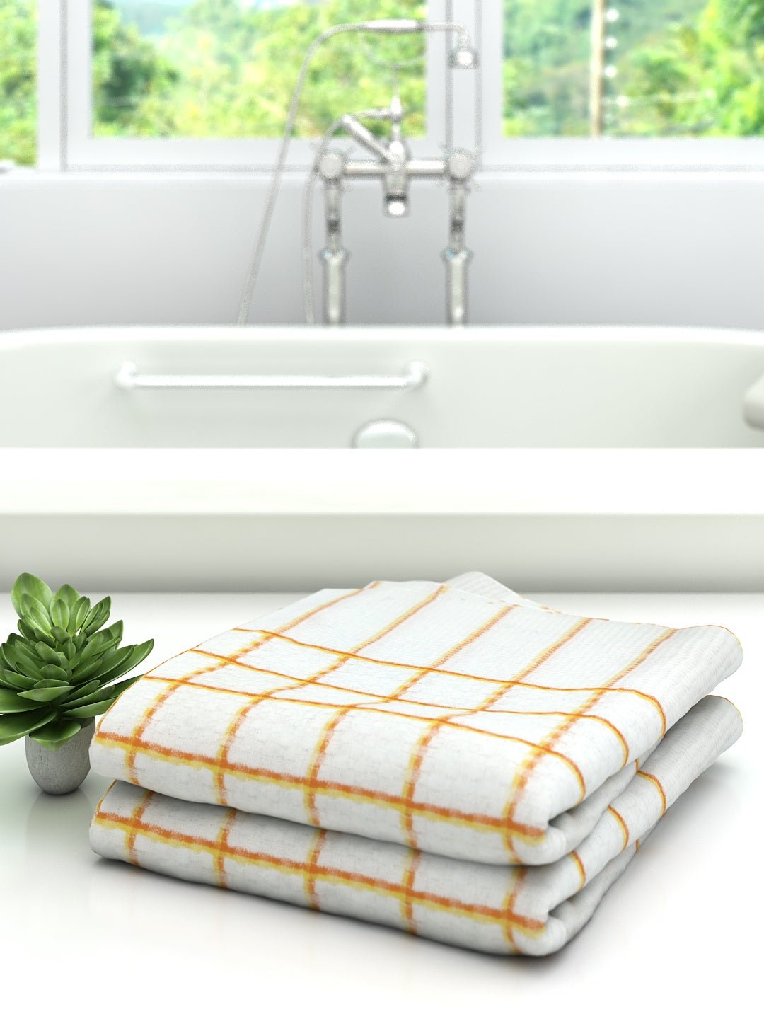 Premium White with Orange Checks Cotton Bath Towel by Athom Living - Athom Living