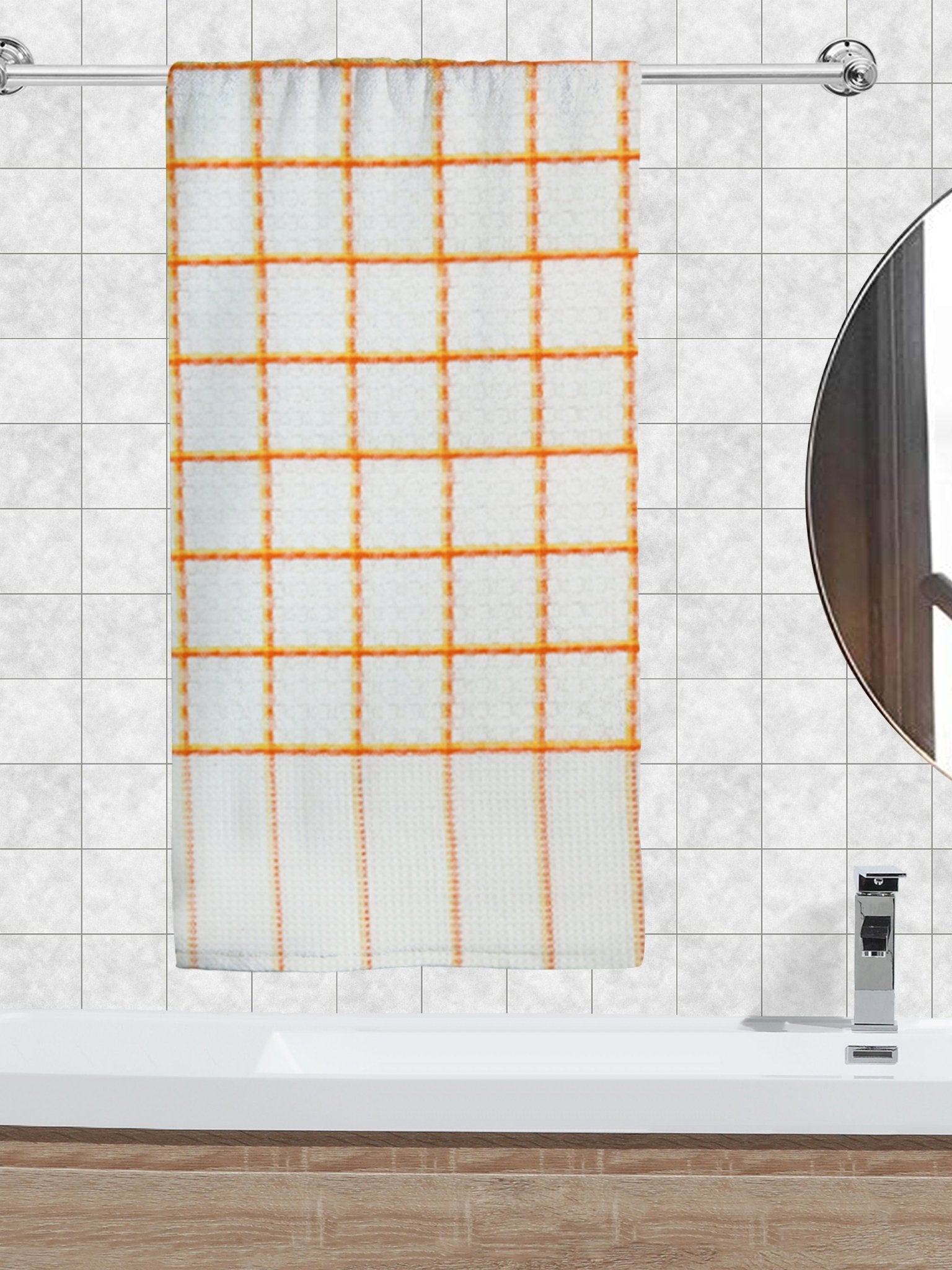 Premium White with Orange Checks Cotton Bath Towel by Athom Living - Athom Living