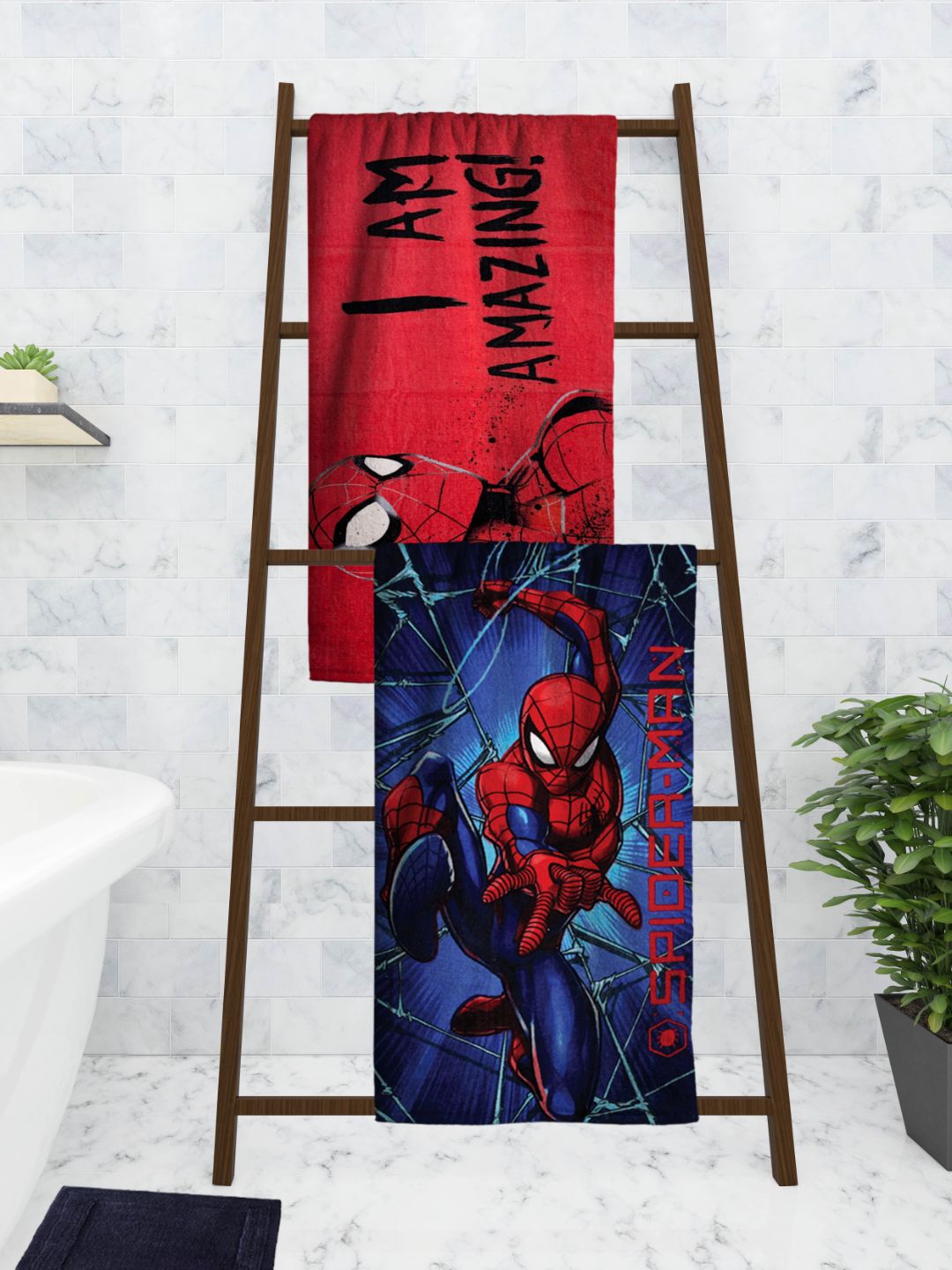 Red Spiderman I Am Amazing & Blue Spiderman Kids Bath Towel Pack of 2 by Athom Living - Athom Living