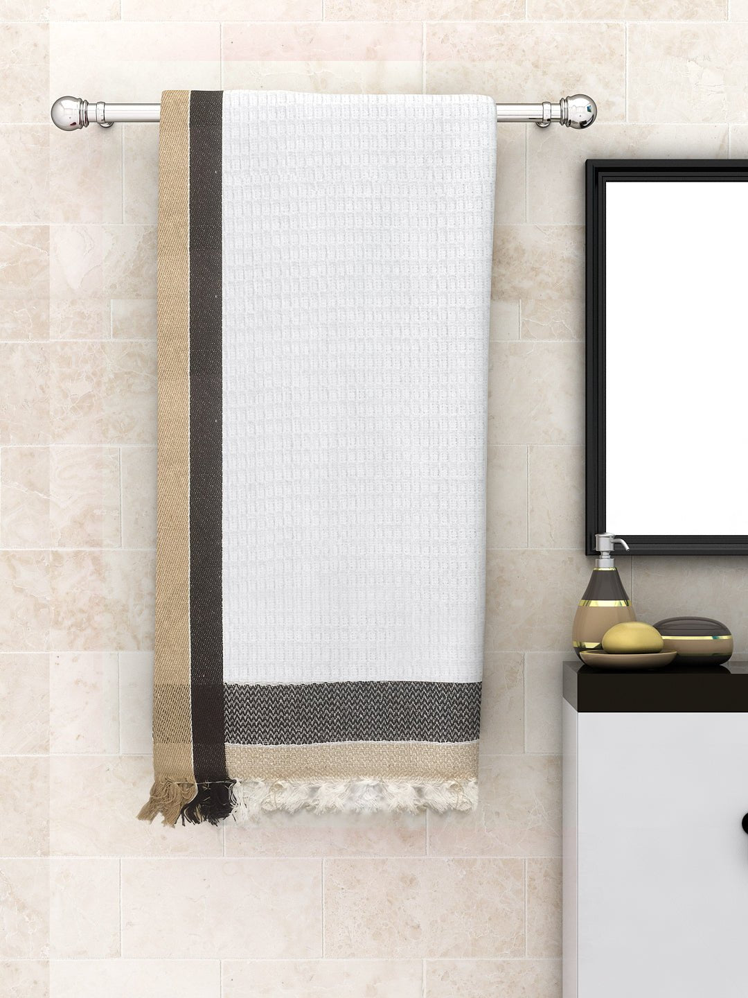 Waffle Border with White Light Weight Woven Cotton Bath Towel by Athom Living - Athom Living