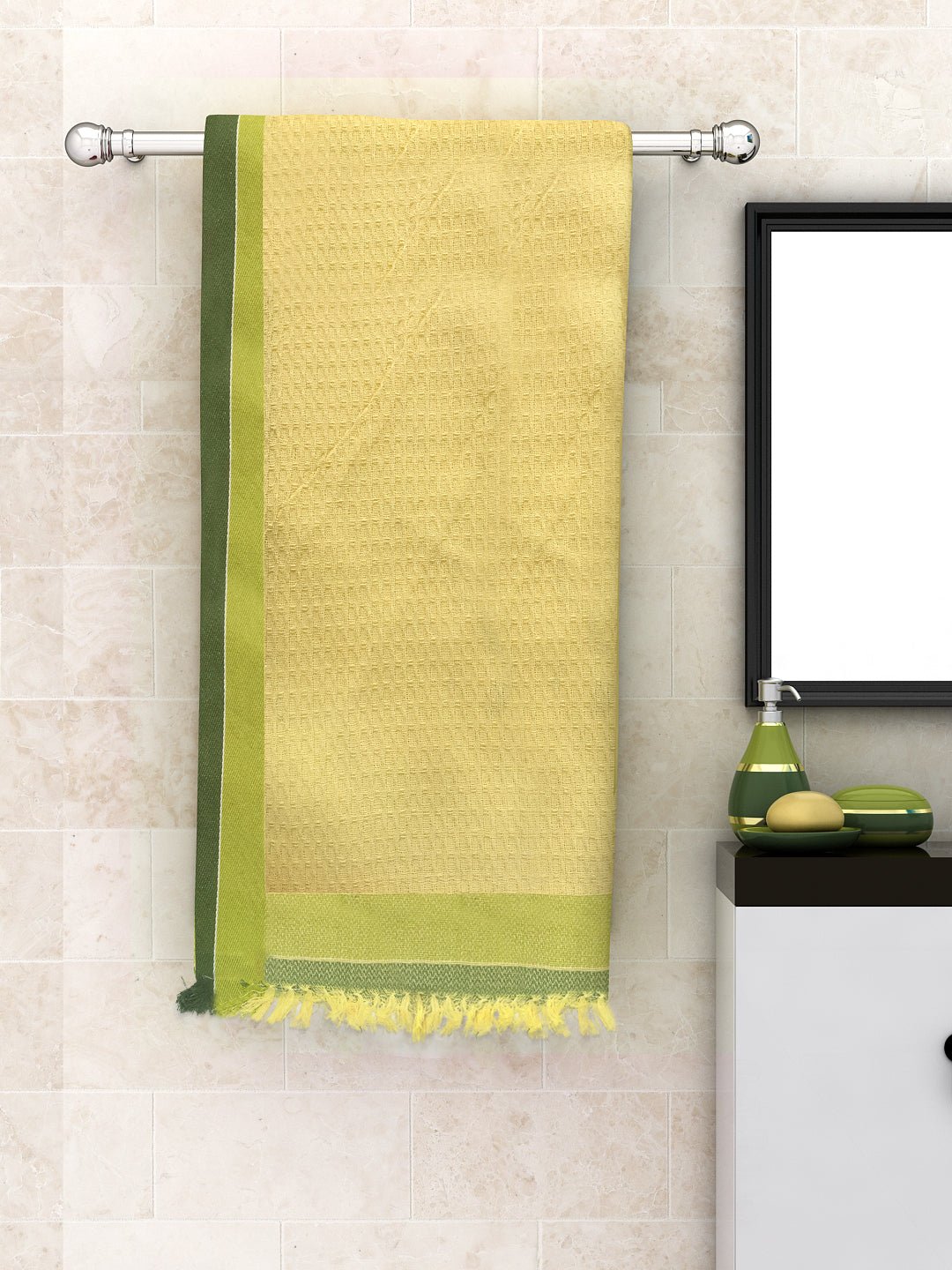 Waffle Border Yellow Light Weight Woven Cotton Bath Towel by Athom Living - Athom Living